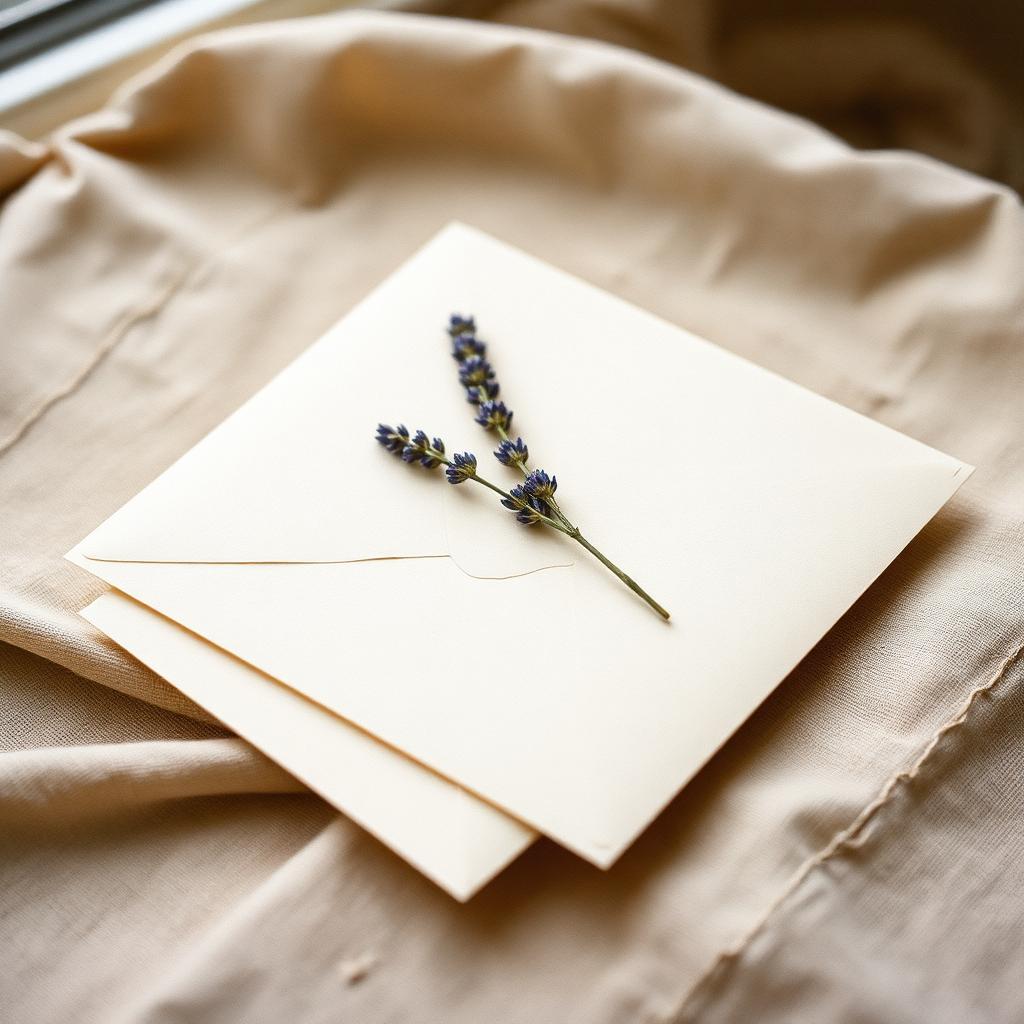 Ivory envelope on linen with a sprig of dried lavender