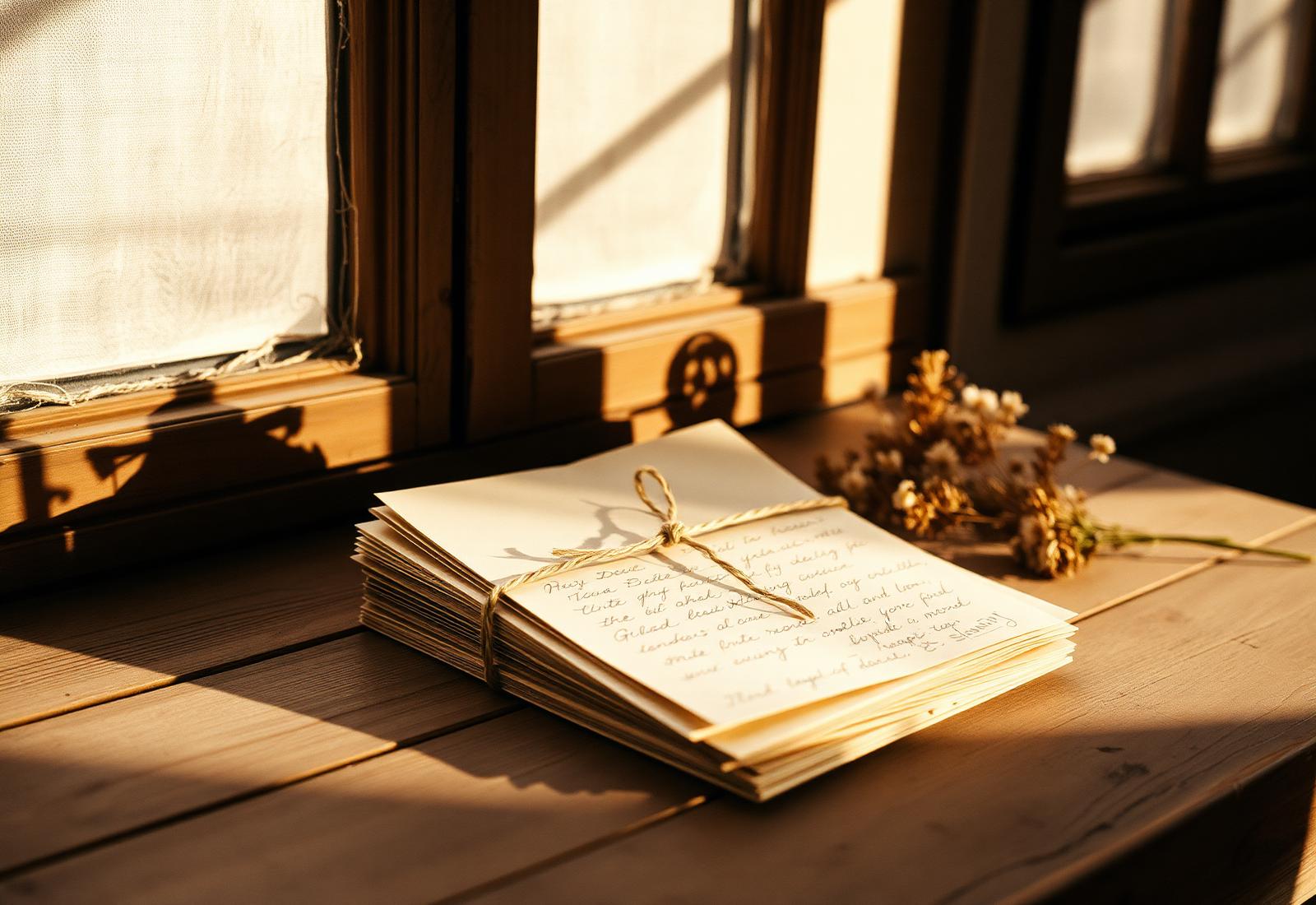 A stack of handwritten letters tied with twine, resting on a wooden windowsill in warm afternoon light